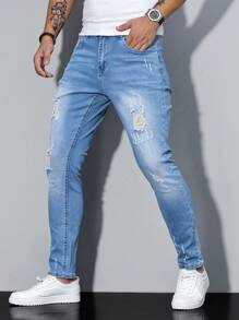 Manfinity Homme Men Plain Ripped Pocket Casual Versatile Denim Jeans - Light Wash - View 1