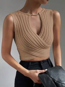 SHEIN Clasi Solid Color Hollow Chain Decor Sleeveless Casual Knitted Top - Khaki - View 6