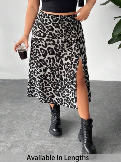 SHEIN PETITE CURVE Plus Size Women's Leopard Print Elastic Waist Slit Skirt Rave Outfits Festival