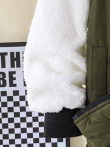 Tween Boys Green Padded Patchwork Fluffy Jacket, Autumn/Winter - Green - View 4