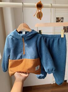 SHEIN Set de 2 piezas Chaqueta con capucha de media cremallera y hombros caídos + Pantalones de cintura elástica para niño/niña bebé, casual para uso cotidiano, adecuado para el otoño/invierno