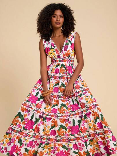 Travachic Romantic Pink&White Floral Print Dress,Loose And Wide Hem,Spring And Summer,Woven Print V-Neck Off Shoulder Cinched Waist Dress For Women