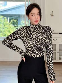 DAZY Women's Autumn High Collar Leopard Print Ruched Fitted T-Shirt Cheetah Print Long Sleeve Women Tops,Fall Women Clothes - Brown - View 1