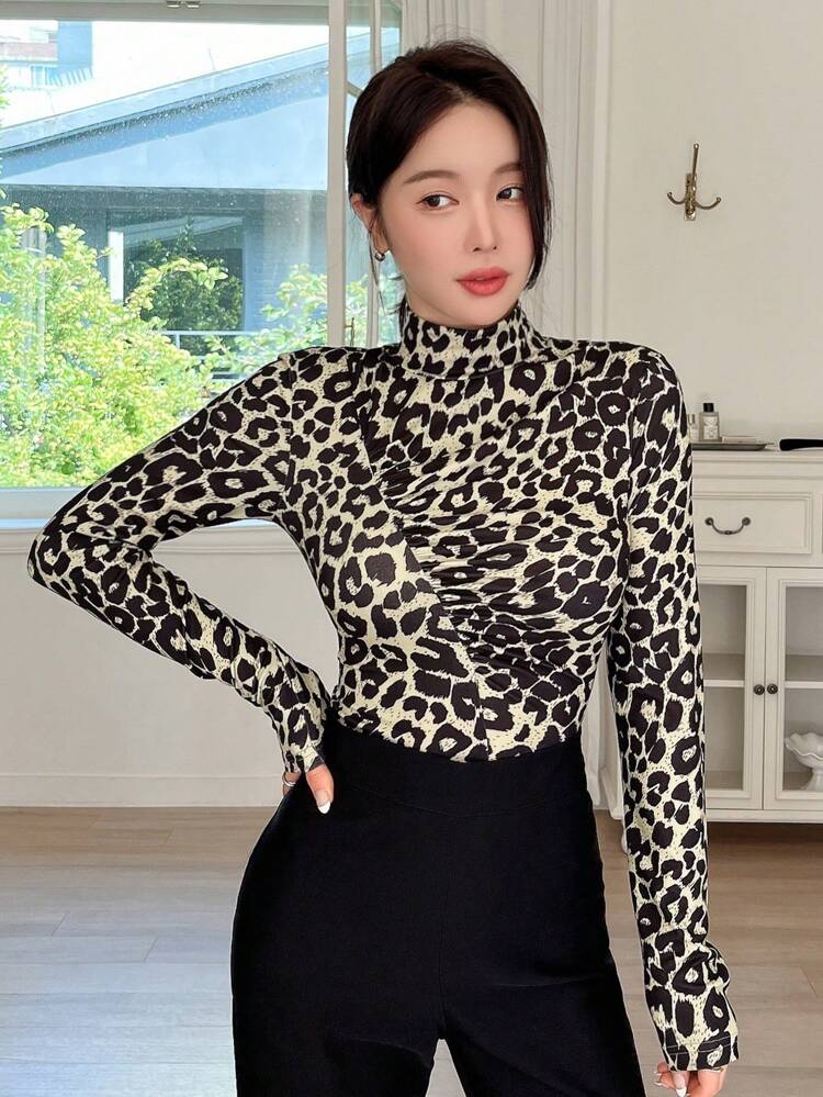 Women's Autumn High Collar Leopard Print Ruched Fitted T-Shirt Cheetah Print Long Sleeve Women Tops,Fall Women Clothes