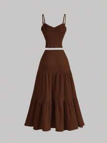 SHEIN MOD Beige Women's Camisole And Women's Long Midi Skirt Set - Brown - View 2