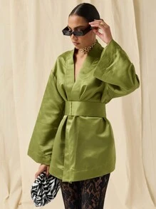 COSMINA Women's Elegant Solid Color Bell Sleeve Mini Dress, Autumn - Olive Green - View 7