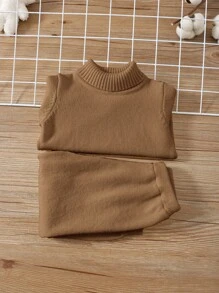 SHEIN Leap Crew 2 件套男婴和女婴棕色百搭百搭宽松高领柔软舒适毛衣和裤子套装，适合秋冬季 - 棕色 - 查看 6