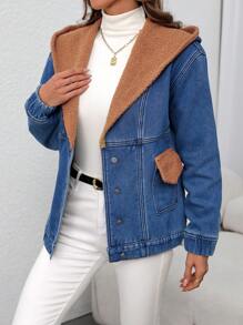 SHEIN LUNE Women's Casual Single-Breasted Denim Fleece Hooded Jacket, Autumn/WinterThermal Thickened Denim - Blue - View 7