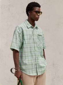 AKNOTIC Party Christmas Men's Loose Fit Reversible Color Block Check Print Letter Decoration Turn-Down Collar Short Sleeve Casual Shirt, Suitable For Christmas And Parties - Green - View 6