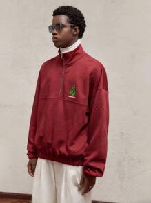 AKNOTIC Party Christmas Men's Knitted Loose Fit Crew Neck Christmas Tree Print Pullover Sweatshirt, Red With Metallic Zipper, Ribbed Cuffs And Hem, Suitable For Christmas, New Year, Daily Wear, Autumn/Winter - Burgundy - View 8