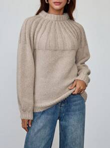 Giddy West Giddy West 1pc Women Casual Everyday Solid Color Round Neck Loose Knit Sweater, Autumn/Winter, Knit Pullover Fall - Apricot - View 6