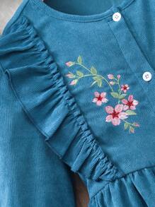 SHEIN Tween Girl Casual Flower Embroidered Ruffle Hem Dress, Autumn,Holiday Summer Travel - Teal Blue - View 8