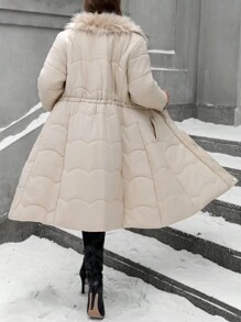SHEIN LUNE 大码冬季服装休闲纯色抽绳腰部蓬松领连帽加厚棉服外套 - 駝色 - 查看 2