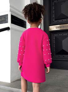 SHEIN Young Girl Casual Versatile Soft Knitted Beaded Round Neck Drop Shoulder Dress - Hot Pink - View 2
