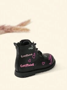 Cozy Pixies Baby Girls Heart & Letter Thêu Side Zip Breathable Lace Up Combat Boots For Outdoor - màu đen - Xem 4