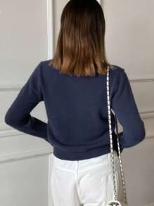 DAZY Nuevo suéter de punto con bordado de lazo para mujer en otoño - Azul Marino - Ver 2