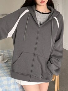 DAZY 女式秋季拼色插肩袖拉链连帽抽绳休闲运动衫，休闲连帽夹克