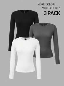 SHEIN PETITE 女士三件套圆领休闲紧身纯色长袖T恤套头衫套装适合春秋冬季