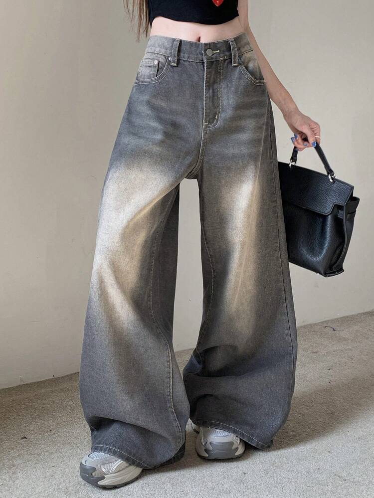 Women's Casual Loose Fit Distressed Wide Leg Jeans With Side Pockets, Suitable For Spring And Autumn,Baggy Jeans