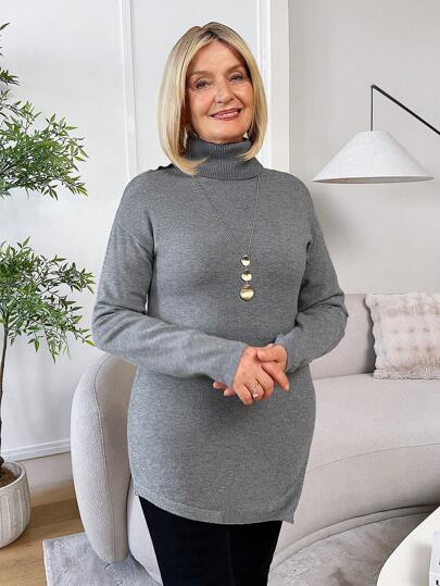 SHEIN LUNE Áo len dài tay cổ lọ trễ vai màu trơn cho nữ, dáng rộng thường ngày, thu/đông