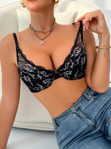 女士优雅法式蕾丝拼布文胸 - 黑色 - 查看 1