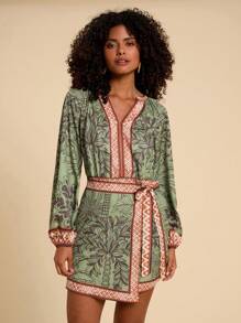 Travachic 度假编织印花 V 领长袖衬衫裙，女士度假波西米亚风休闲海滩热带椰子树印花连衣裙，长袖连衣裙 - 橘色 - 查看 4