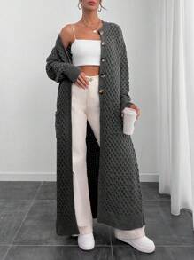 RueChic Elegant Texture Cable Knit Drop Shoulder Crew Neck Cardigan With Pcoket And Button - Apricot - View 4