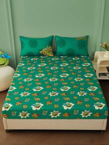 TEENAGE MUTANT NINJA TURTLES | SHEIN 1pc Cartoon & Letter Pattern Green Fitted Sheet,Suitable For Children Single/Double/Queen/King Bed - Green - View 8