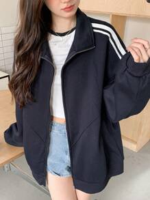 DAZY Women Stripe Patchwork Zip-Up Casual Loose Fleece Jacket, Autumn/Winter Women Coats