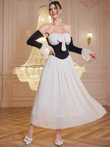 Modelyn 1 pièce Robe de soirée longue à épaules dénudées, nœud papillon, bloc de couleur contrastée - Nude - Voir 6