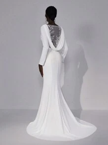 Elitara White Spring Elegant Formal Party Wedding Dress,Luxurious Lace Patchwork Elastic Knit Backless Fishtail Bridal Gown With Trailing Hem For Bride - Beige - View 2