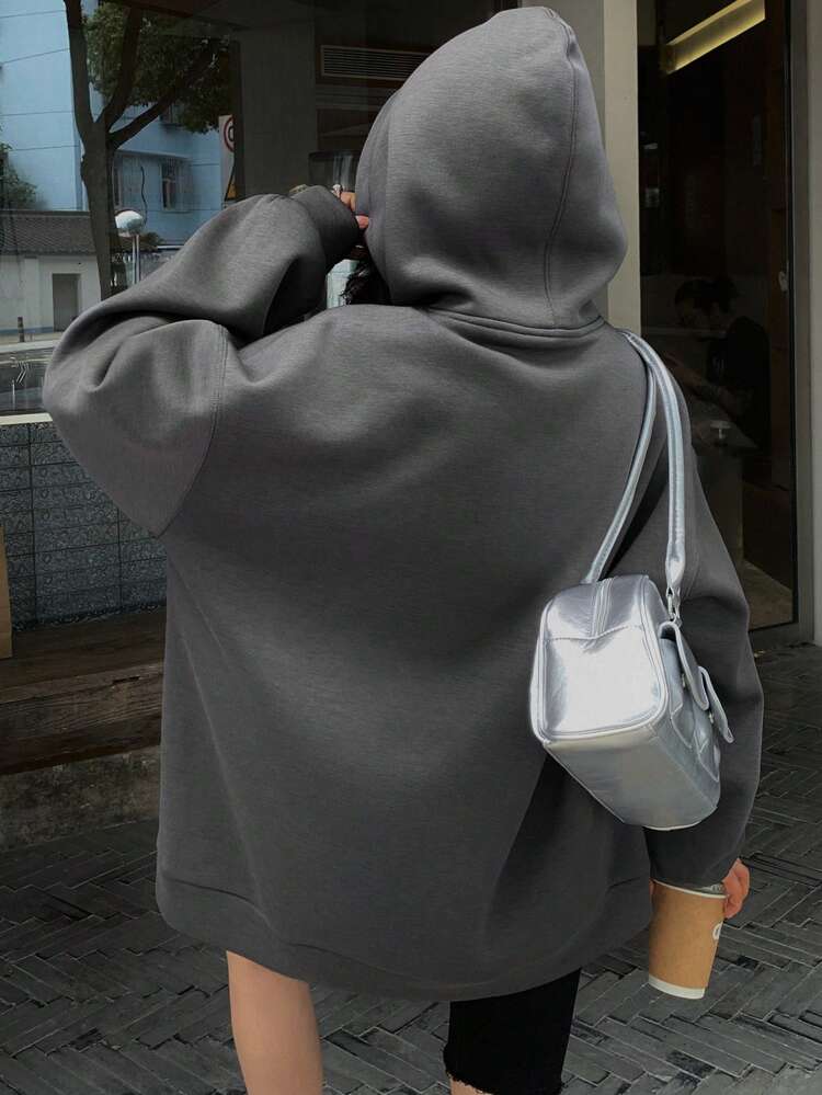 Loose Fit Casual Thermal Lined Hooded Sweatshirt For Women, Fall Hoodie