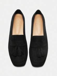 CUCCOO CURVES Giày lười mũi vuông rộng vừa vặn cho nữ có trang trí bằng kim loại, giày lười đế bằng cho mùa Giáng sinh và năm mới, phong cách ngày lễ Thu Đông - màu đen - Xem 1