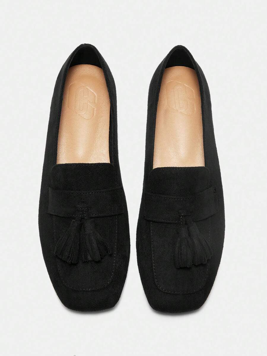 CUCCOO CURVES Giày lười mũi vuông rộng vừa vặn cho nữ có trang trí bằng kim loại, giày lười đế bằng cho mùa Giáng sinh và năm mới, phong cách ngày lễ Thu Đông - màu đen - Xem 1