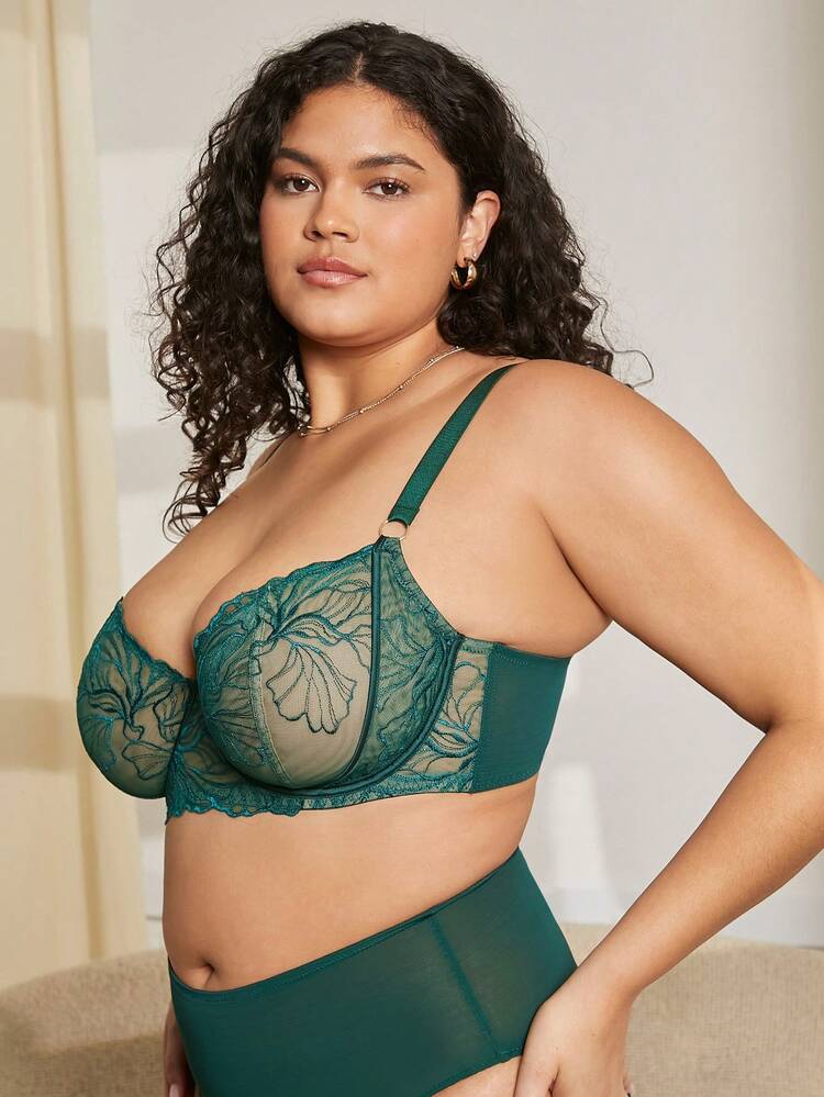 Plus Unlined Full Coverage Floral Lace Bra