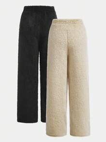 Tween Girls Solid Color Teddy Fleece Drawstring Waist Teddy Wide Leg Pants 2Pieces/Set, Warm For Autumn Winter - Multicolor - View 2