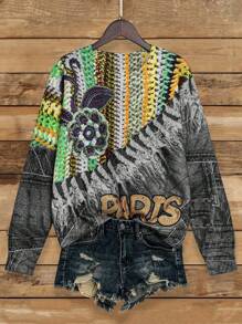 SHEIN LUNE Women Floral And Letter Pattern Round Neck Long Sleeve Casual Knitted Sweater, Autumn Fall Winter - Black - View 1