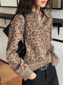 DAZY Jersey casual con mangas raglán con estampado de leopardo para mujer, otoño/invierno - Gris - Ver 3