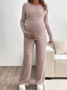 SHEIN Set de 2 piezas de top de manga larga acanalado y pantalón de pierna ancha informales de maternidad, conjunto de pantalones, otoño
