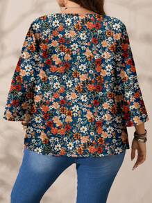 EMERY ROSE Camisa holgada de talla grande para mujer con impresión completa, cuello redondo y manga 3/4, para otoño/invierno - Albaricoque - Ver 3