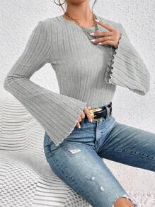 SHEIN Frenchy Lettuce Trim Trumpet Sleeve Ribbed Textured Fabric Special Sleeve Knit Tee Winter Casual Spring - Grey - View 5