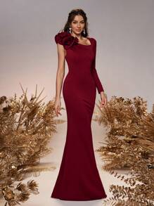 SHEIN Belle Women's Elegant Romantic Red Square Neck Shoulder Ruffle Asymmetric Long Sleeve Bodycon Mermaid Hem Wedding Bridesmaid Dresses - Burgundy - View 6