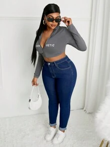 SHEIN SXY Plus Size Women Casual Zip Up Skinny Jeans