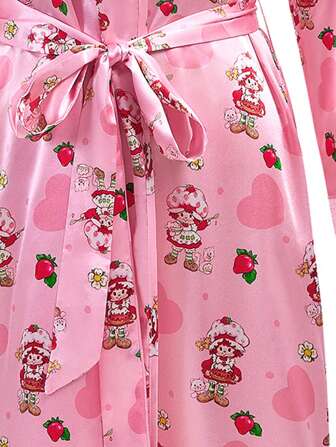 Strawberry Shortcake X SHEIN Kvinnors tecknade figur och jordgubbsmönster i kontrastfärgad spets med knytband i midjan i konstsilke, nyårsoutfit, höst och vinter