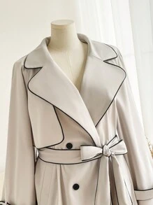 SHEIN Frenchy Plus Size Black Contrast Trim Detail Fall Trench Coat