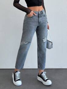 SHEIN MID-TAILLE GESCHEURDE MOM FIT GRIJZE JEANS