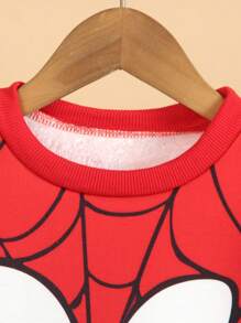 SHEIN 2pcs Young Boy Red Spider Cartoon Print Fleece Sweatshirt And Elastic Waist Pants Set, Suitable For Autumn/Winter - Red - View 3