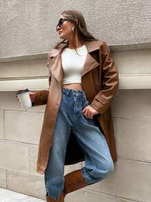 EURMUSE Fauz Leather Biker Style Long Line Over Coat - Brown - View 3