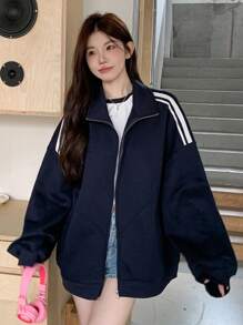 DAZY Women Stripe Patchwork Zip-Up Casual Loose Fleece Jacket, Autumn/Winter Women Coats