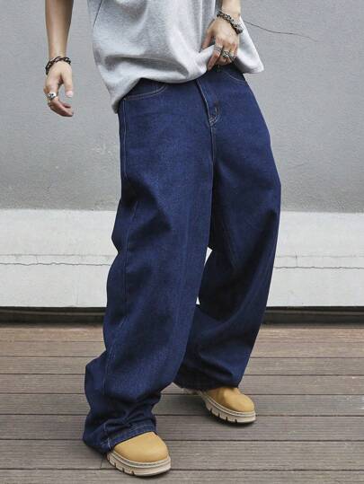 Manfinity EMRG Herren Jeans in großen Größen, Lässig verwaschen, weite Passform, einfarbig dunkelblau, weite lange verwaschene Cargo Jeans, als Geschenk für Ehemann oder Freund